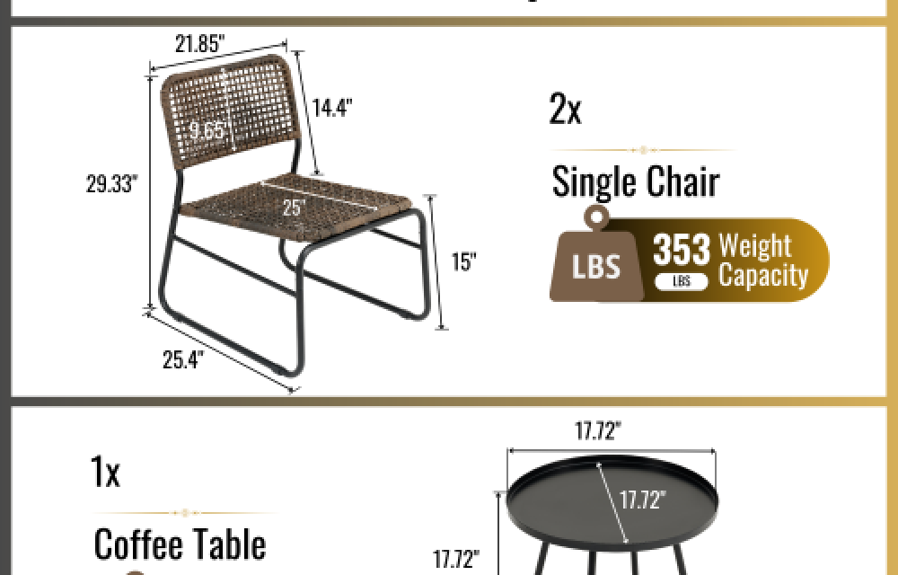 BEEFURNI Patio Furniture Set 3 Piece Mixture Pattern PE Rattan Steel Frame And Modern Round Table, Brown and Black