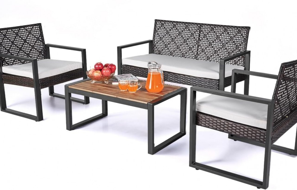 Wicker Patio Furniture Outdoor Conversation Set of 4, Rattan Outdoor Furniture Set, Acacia Wood Table, 2 Chairs (Black)