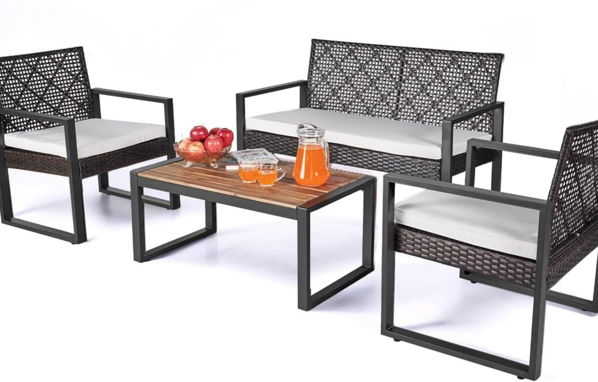 Wicker Patio Furniture Outdoor Conversation Set of 4, Rattan Outdoor Furniture Set, Acacia Wood Table, 2 Chairs (Black)