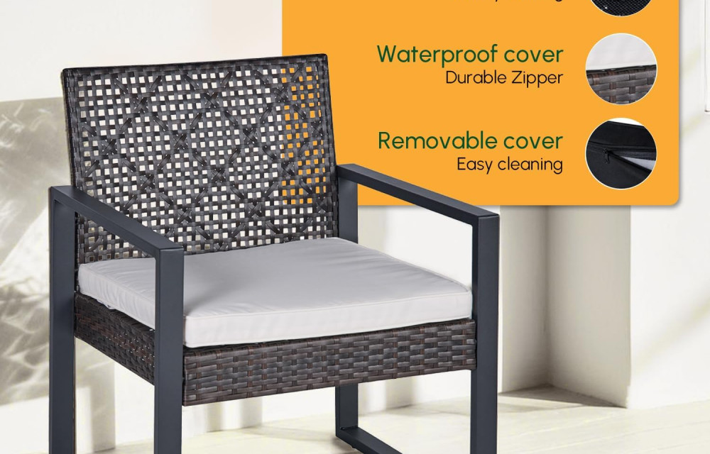 Wicker Patio Furniture Outdoor Conversation Set of 4, Rattan Outdoor Furniture Set, Acacia Wood Table, 2 Chairs (Black)