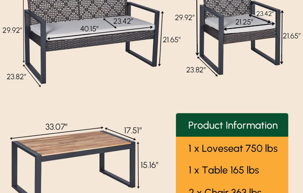 Wicker Patio Furniture Outdoor Conversation Set of 4, Rattan Outdoor Furniture Set, Acacia Wood Table, 2 Chairs (Black)