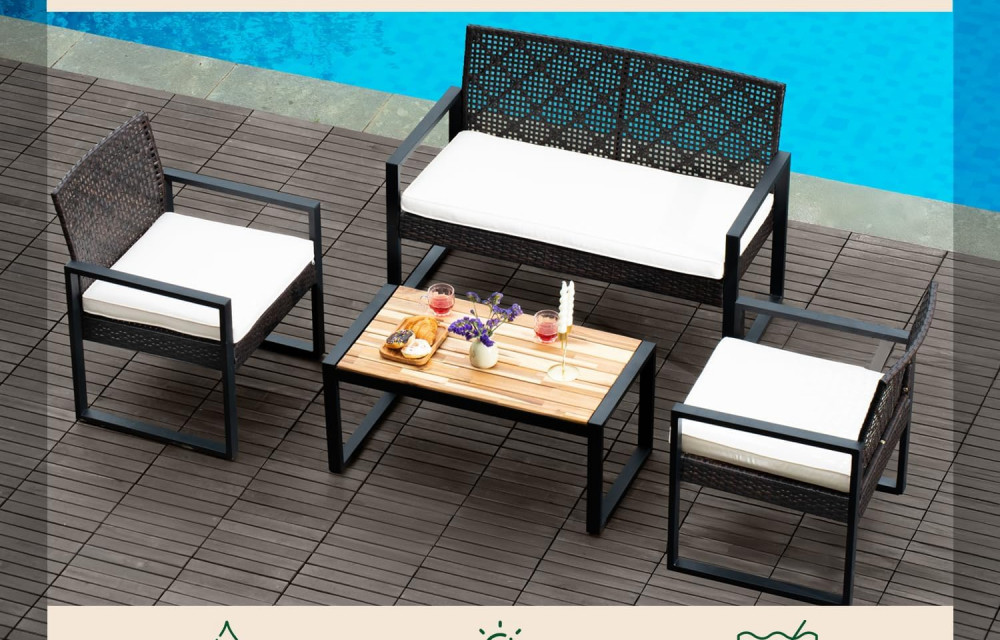 Wicker Patio Furniture Outdoor Conversation Set of 4, Rattan Outdoor Furniture Set, Acacia Wood Table, 2 Chairs (Black)