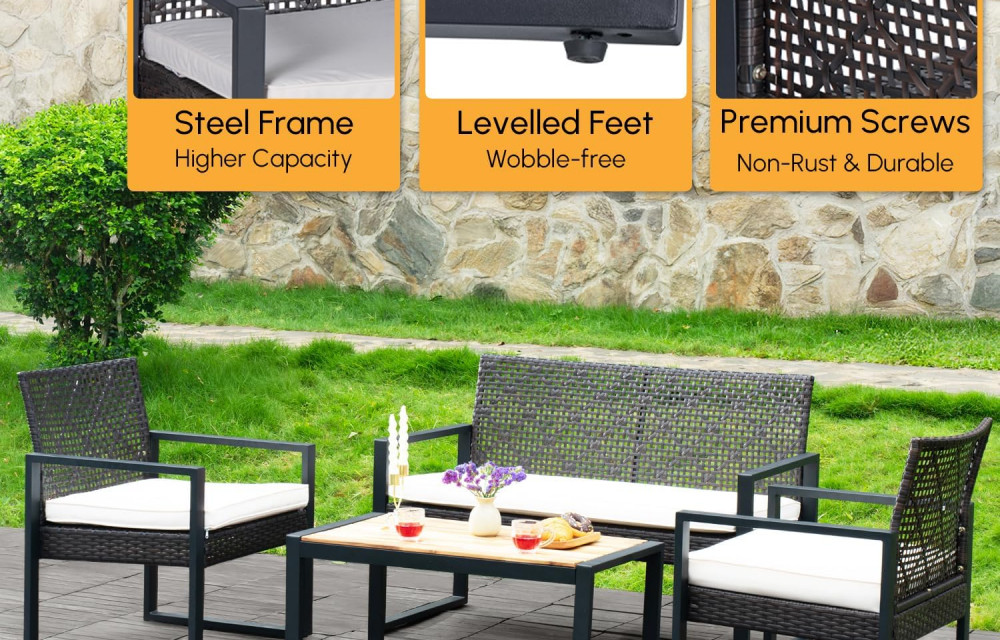 Wicker Patio Furniture Outdoor Conversation Set of 4, Rattan Outdoor Furniture Set, Acacia Wood Table, 2 Chairs (Black)