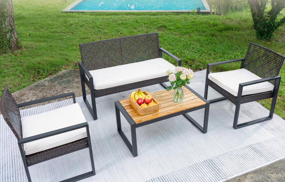 Wicker Patio Furniture Outdoor Conversation Set of 4, Rattan Outdoor Furniture Set, Acacia Wood Table, 2 Chairs (Black)