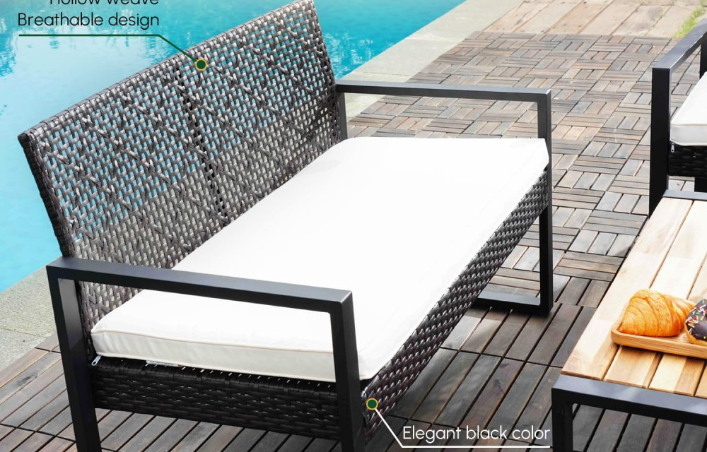 Wicker Patio Furniture Outdoor Conversation Set of 4, Rattan Outdoor Furniture Set, Acacia Wood Table, 2 Chairs (Black)