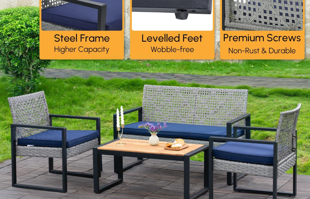 BEEFURNI Wicker Patio Furniture Outdoor Conversation Set of 4, Rattan Outdoor Furniture Set (Gray)