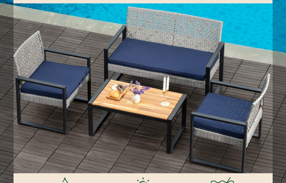 BEEFURNI Wicker Patio Furniture Outdoor Conversation Set of 4, Rattan Outdoor Furniture Set (Gray)