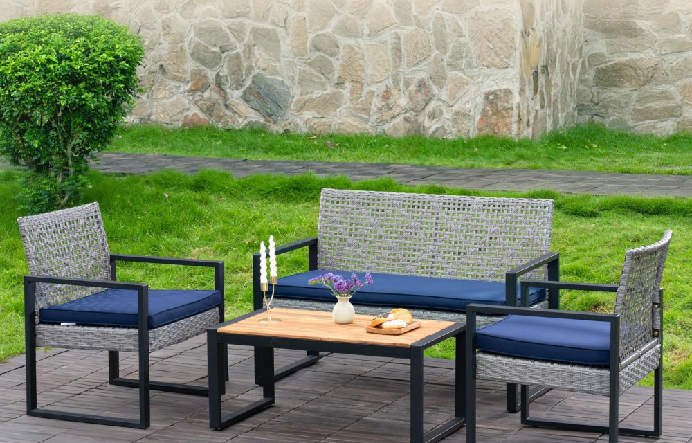BEEFURNI Wicker Patio Furniture Outdoor Conversation Set of 4, Rattan Outdoor Furniture Set (Gray)