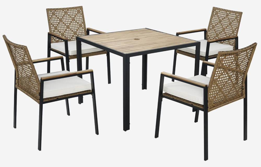 5 PCS Wicker Patio Furniture Dining Set, Outdoor Patio Table and Chairs Set, Furniture Set, Acacia Wood Table