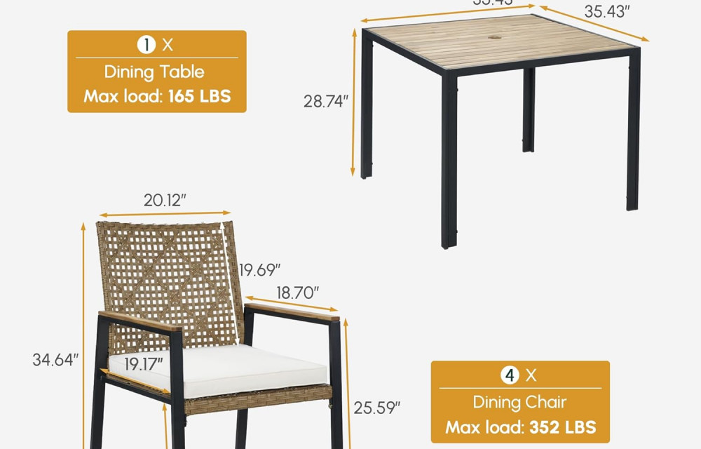 5 PCS Wicker Patio Furniture Dining Set, Outdoor Patio Table and Chairs Set, Furniture Set, Acacia Wood Table