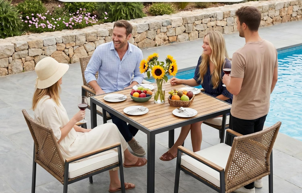 5 PCS Wicker Patio Furniture Dining Set, Outdoor Patio Table and Chairs Set, Furniture Set, Acacia Wood Table