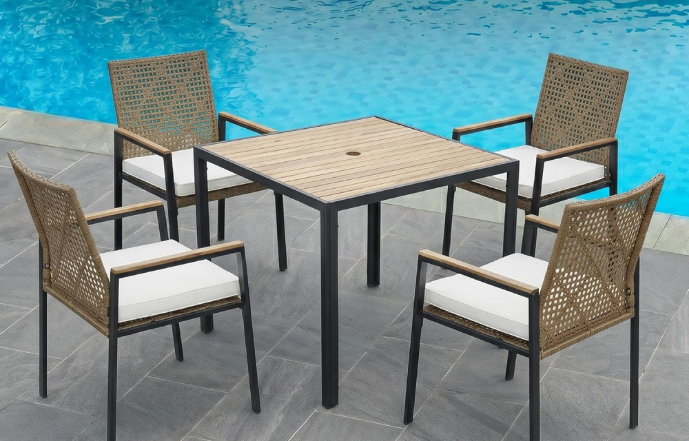 5 PCS Wicker Patio Furniture Dining Set, Outdoor Patio Table and Chairs Set, Furniture Set, Acacia Wood Table