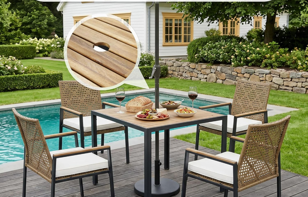 5 PCS Wicker Patio Furniture Dining Set, Outdoor Patio Table and Chairs Set, Furniture Set, Acacia Wood Table