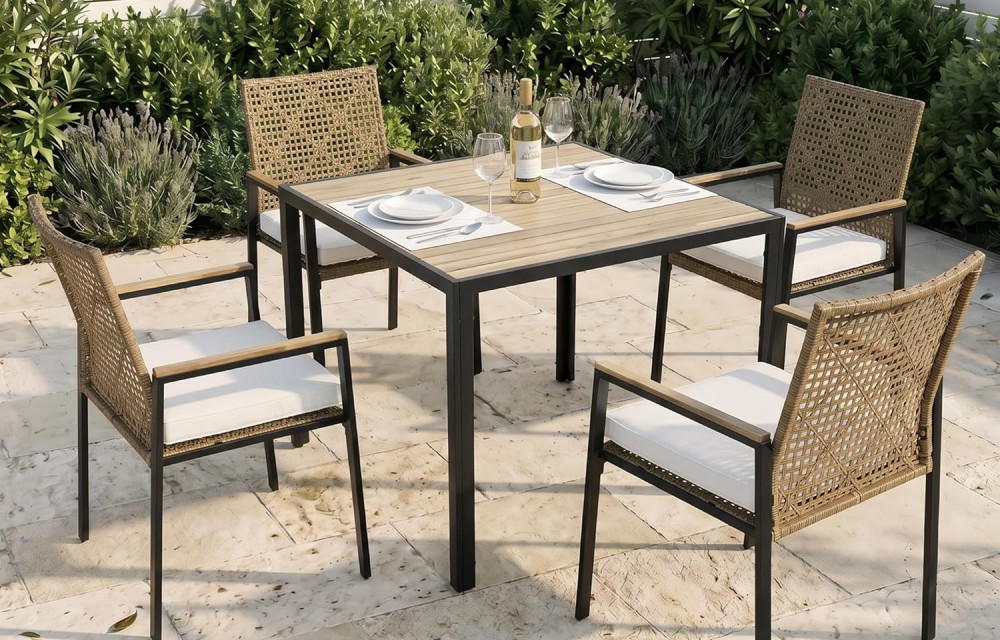 5 PCS Wicker Patio Furniture Dining Set, Outdoor Patio Table and Chairs Set, Furniture Set, Acacia Wood Table