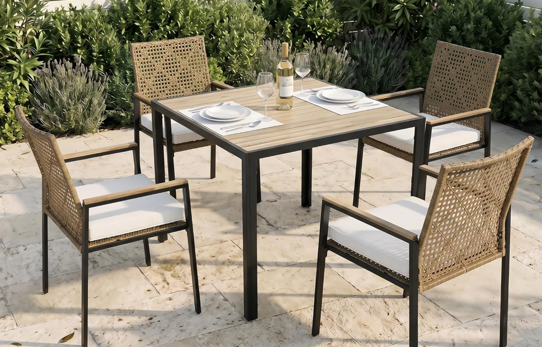5 PCS Wicker Patio Furniture Dining Set, Outdoor Patio Table and Chairs Set, Furniture Set, Acacia Wood Table
