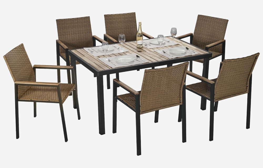 7 PCS Wicker Patio Furniture Dining Set, Outdoor Patio Table and Chairs Set, Furniture Set, Acacia Wood Table
