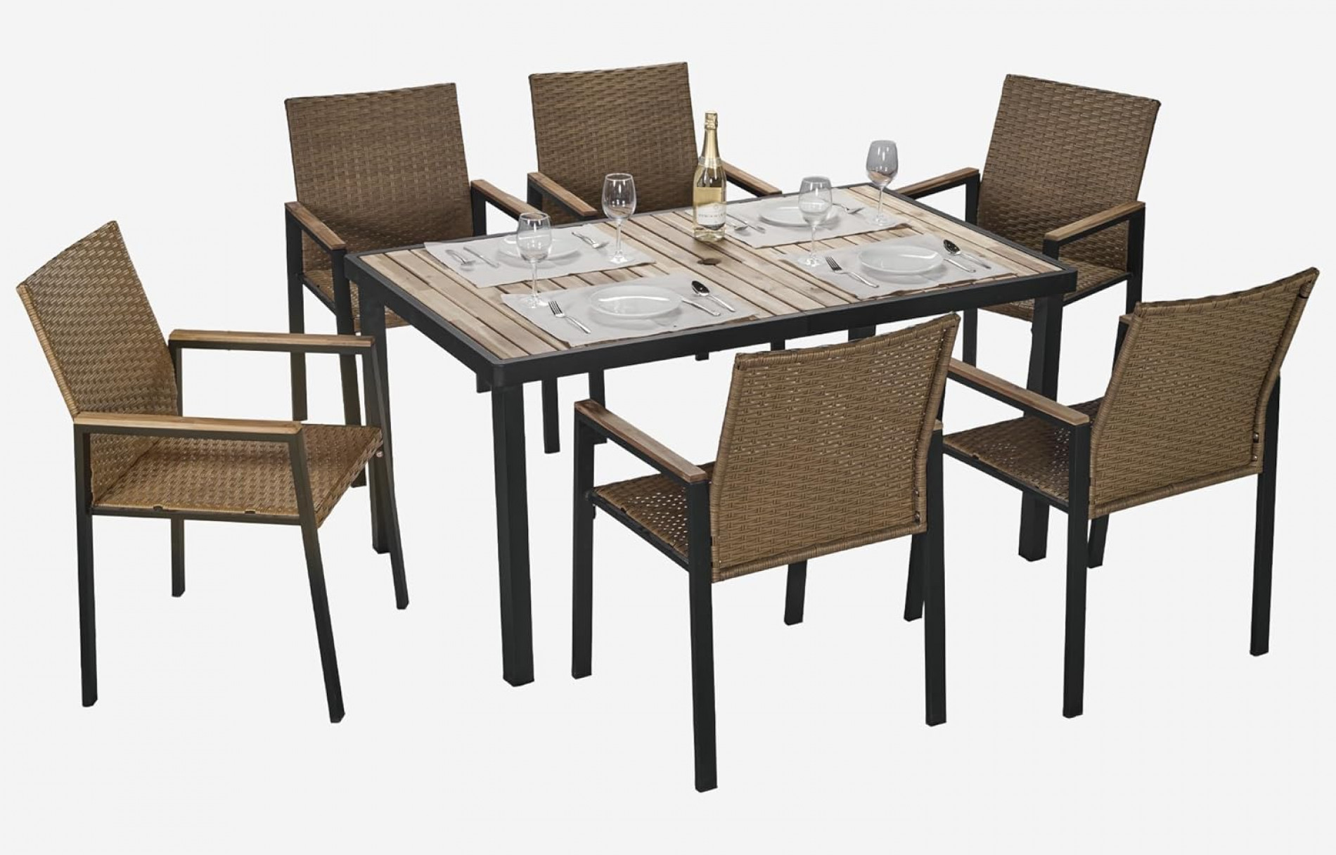 7 PCS Wicker Patio Furniture Dining Set, Outdoor Patio Table and Chairs Set, Furniture Set, Acacia Wood Table (Brown)