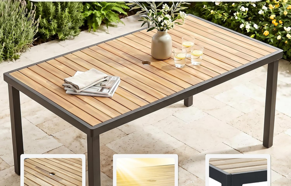 7 PCS Wicker Patio Furniture Dining Set, Outdoor Patio Table and Chairs Set, Furniture Set, Acacia Wood Table