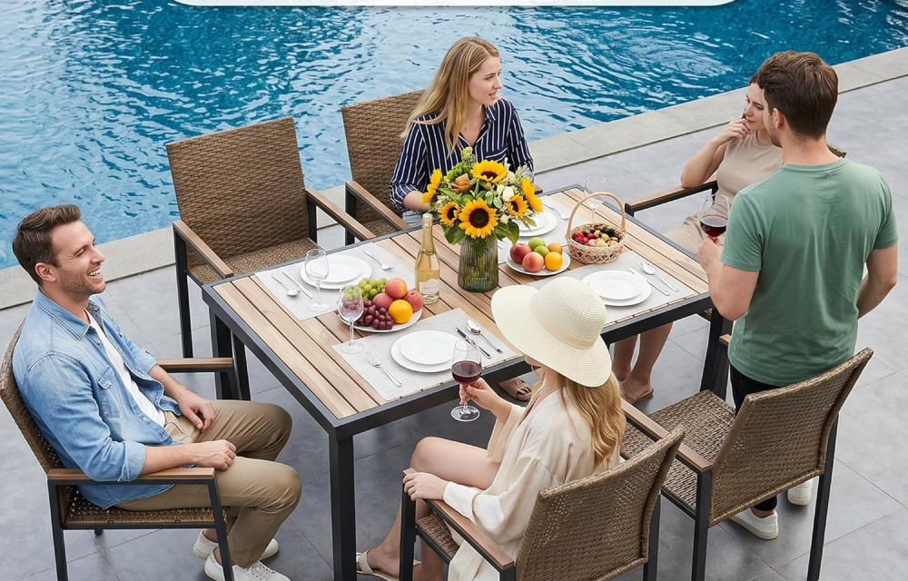 7 PCS Wicker Patio Furniture Dining Set, Outdoor Patio Table and Chairs Set, Furniture Set, Acacia Wood Table
