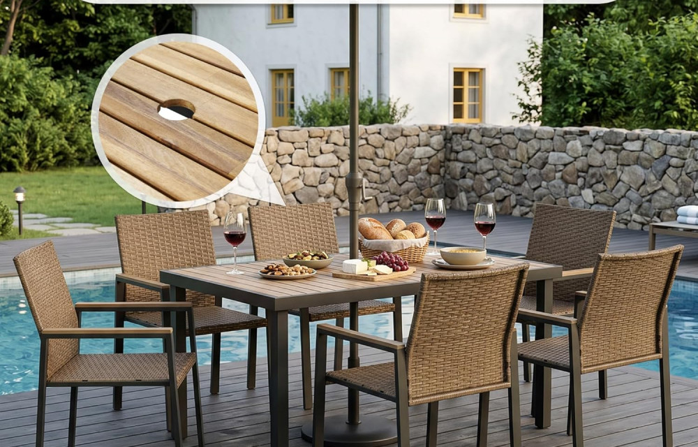 7 PCS Wicker Patio Furniture Dining Set, Outdoor Patio Table and Chairs Set, Furniture Set, Acacia Wood Table