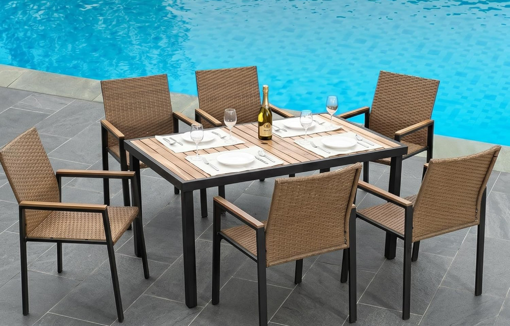 7 PCS Wicker Patio Furniture Dining Set, Outdoor Patio Table and Chairs Set, Furniture Set, Acacia Wood Table
